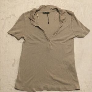 Zara Polo Shirt Womens Size Small Taupe Knit Short Casual Sleeve Collared